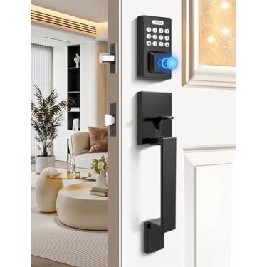 Imagem de Tinewa Fechaduras inteligentes para porta da frente - Fechadura de porta de entrada preta sem chave com alavanca, fechadura de teclado digital eletrônico com impressão digital, controle de aplicativo