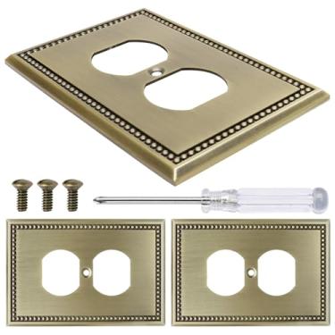 Imagem de LifCratms Pacote com 3 capas de tomada duplex de latão antigo, placas decorativas de parede com pérolas de metal para interruptor de luz de receptáculo