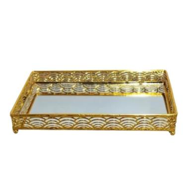 Imagem de Bandeja Decorativa de Luxo com Espelho em Metal, Retangular, para Banheiro, Lavabo ou Multiuso (Arcos Dourado)