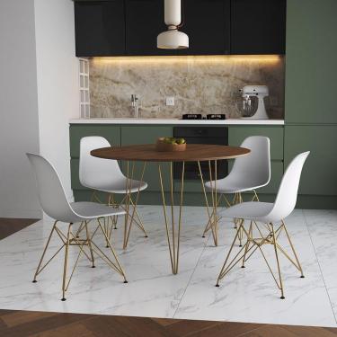 Imagem de Mesa De Jantar Redonda 90Cm Amêndoa Clips 3 Pés Com 4 Cadeiras Eames Eiffel Brancas Base Dourada