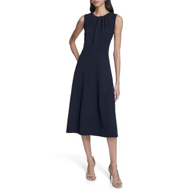 Imagem de Calvin Klein Vestido midi feminino sem mangas com decote cavado em crepe Scuba evasê, Índigo, 36