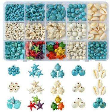 Imagem de MakemadeDIY 640 peças de contas turquesa de praia para fazer joias, tartaruga, oceano, estrela-do-mar, verão, berloques boêmios, pingentes para pulseiras, colares, brincos, artesanato