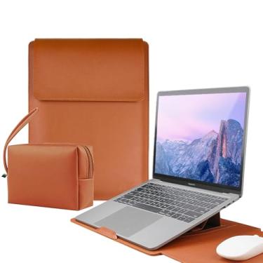 Imagem de Capa de couro vertical para laptop 15-15,6-16 polegadas compatível com MacBook Air M4 M3 M2 M1 HP Acer Dell Lenovo ASUS Notebook, capa de couro sintético com bolsa de acessórios (marrom, 15-16