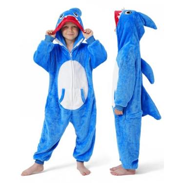 Imagem de DILUFUN Fantasia de Halloween para meninos e meninas, pijama de uma peça, macacão de animal engraçado de Halloween, fantasia cosplay 3-14 anos, Shark03, 7-8 Anos