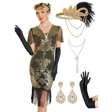Imagem de RRYIO Vestidos melindrosa anos 20 para mulheres, vestidos Gatsby com gola redonda e manga para noites de Harlem, Preto, dourado, P