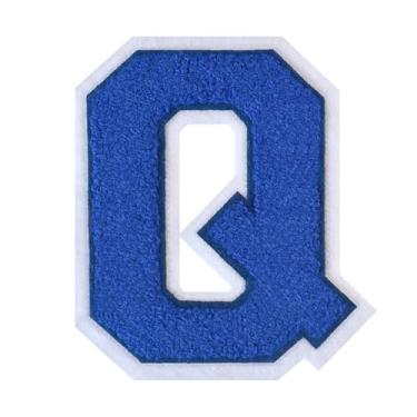 Imagem de 1 PÇ Patch de letra de chenille azul de 11,4 cm com borda branca – Remendos do alfabeto para roupas, jaquetas, mochilas, chapéus para decoração personalizada, nome personalizado e artesanato. (Q)