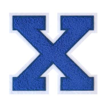 Imagem de 1 Patch de letra de chenille azul de 11,4 cm com borda branca – Adesivos do alfabeto para roupas, jaquetas, mochilas, chapéus para decoração personalizada, nome personalizado e artesanato. (X)