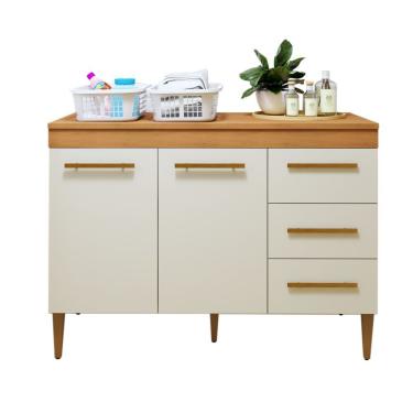 Imagem de Lavanderia Modulada Petrópolis Balcão 2 Portas 3 Gavetas - Kaiki Móveis Nature/off White