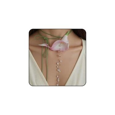 Imagem de Gargantilha de flores coloridas para mulheres, colar de declaração de lírio Calla, colar gargantilha com gota de pérola anos 90, ajustável, exclusivo, colar de cordão de verão, joias, presentes, Large