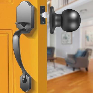 Imagem de Elemake Maçaneta da porta frontal - Maçaneta de entrada frontal externa/interior com maçaneta, fechadura de porta de entrada sem chave de passagem, reversível para porta canhota e direita | Preto