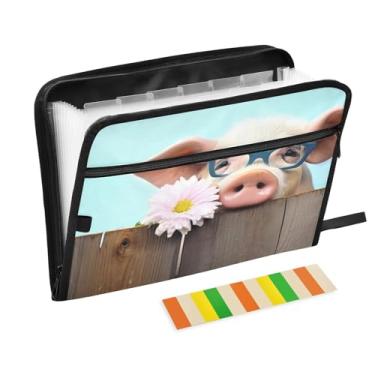 Imagem de Wassud Blue Glasses Pig Organizador de arquivos sanfonado com 13 bolsos, pastas expansíveis com abas e adesivos, tamanho carta A4, papel para recibos, documentos, pasta organizadora para viagens de