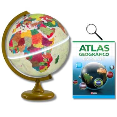 Imagem de GLOBO TERRESTRE FÍSICO HISTÓRICO LUMINOSO BASE OURO VELHO 30CM + ATLAS GEOGRÁFICO + LUPA