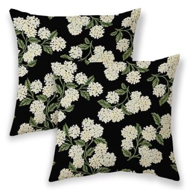 Imagem de Conjunto de 2 capas de almofada florais pretas 45,7 x 45,7 cm, verde, branco, preto, hortênsia, floral, decoração, primavera, verão, vintage, fronhas, fronhas de linho para cama, sofá, sofá
