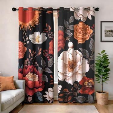 Imagem de XWZO Cortinas blecaute floral boho para quarto, cortinas vintage com estampa botânica de meados do século, cortina preta 220 cm de comprimento, 2 painéis para sala de estar, ilhós, decoração boêmia