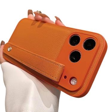 Imagem de Capa de couro resistente a impactos com alça de pulso de luxo para iPhone 17 Pro, 16, 15, 14, 13, 12 e 17 Pro Max, cor lisa, macia, laranja, para iPhone 13