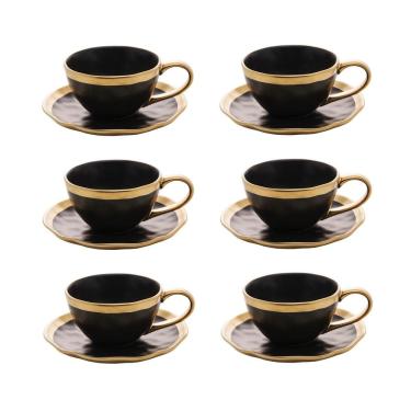 Imagem de Cj 6 Xícaras P/Chá C/Pires de Porcelana Preto Fosco/Dourado Dubai 200ml Wolff