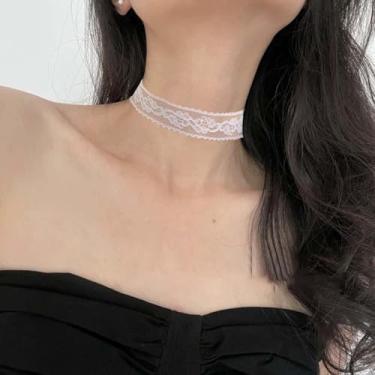 Imagem de Colar gargantilha sexy com estampa de flor de renda para mulheres, colar curto gótico, joia de festa, White 31+6.5cm, Renda, Sem Pedra Preciosa