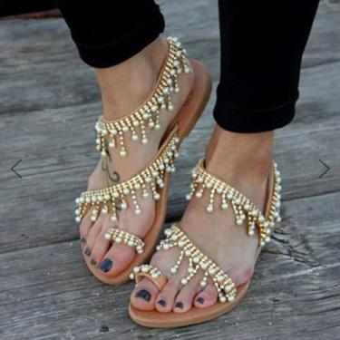 Imagem de Sandálias femininas boêmia rasteiras – sapatos romanos plus size com anel de dedo de strass, confortável calçado de praia sem cadarço para férias, uso diário casual e atividades ao ar livre no verão