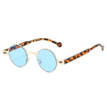 Imagem de HCHES Óculos de Sol Retrô Redondos com Degradê, Armação de Metal, Estilo Punk, Rebites, Proteção UV400 (Azul Dourado)