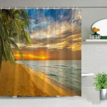 Imagem de Cortina de chuveiro ao ar livre com paisagem havaiana ilha praia coco oceano tropical paisagem natural cortina suspensa decoração de banheiro 39 x 87 pol. -100 x 220 cm/L x A
