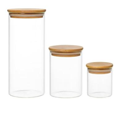Imagem de Kit 3 Potes Hermético de Vidro Borossilicato com Tampa de Bambu 550ml, 1050ml e 1750ml Vedação com Anel de Silicone