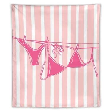 Imagem de Tapeçaria de biquíni rosa em linha minimalista arte listrada fundo listrado decoração de casa temática de praia para quarto banheiro verão vibe50 x 60 tapeçaria
