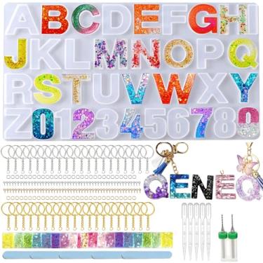 Imagem de QENEQ Chaveiro de alfabeto faça você mesmo, moldes de resina, molde de silicone com número de letras, kit de resina epóxi, conjunto de chaveiro de fundição com brocas manuais, anéis de chave e pino de