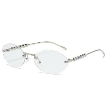 Imagem de HPIRME Óculos de luxo sem armação com lentes degradê femininas e masculinas com detalhes em pérola e proteção UV400 (branco prateado).