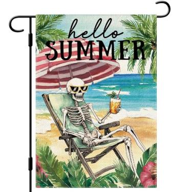 Imagem de DLZDN Bandeira de jardim de esqueleto de verão 30,5 x 45,7 cm dupla face vertical serapilheira praia costeira fazenda quintal placa sazonal decoração externa