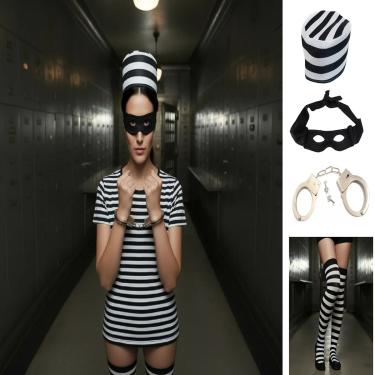 Imagem de Fantasia De Ladra Bandida Presidiária Criminosa C/ Quepe Mascara Algemas Meias - 4 Pçs