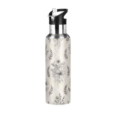Imagem de Wassud Garrafa de água preta floral de aço inoxidável esportiva com canudo garrafas de água isoladas copo portátil de viagem 623 g