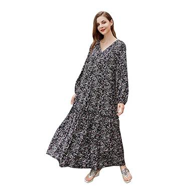 Imagem de 3FLQOOPP Vintage Europeu Boho Casual Flor Maxi Conjuntos Roupas Plus Size Mulher Pantufa Vestido Solto Manga Comprida (Preto 1X)