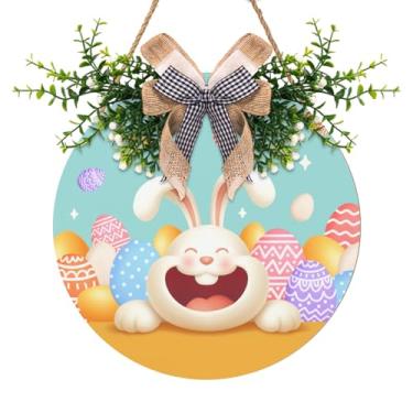 Imagem de Cryfox Placa de porta de coelhinho da Páscoa, coelhinho, colorido, ovos, guirlanda de madeira, para pendurar ao ar livre, decoração de coelho para casa, varanda