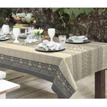 Imagem de Toalha de Mesa Luxo Rústica 4,00m - Tecido de Linho 100%, Sob Medida para Até 14 Lugares, Várias Estampas, Elegante para Casa e Eventos (CINZA RENDADA)