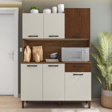 Imagem de Armário De Cozinha Compacta 6 Portas 1 Gaveta Gênova-cp-ripado Nogueira-off White-cp-ripado