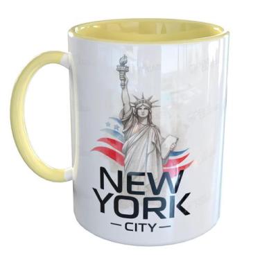 Imagem de Caneca Porcelana Ny Estatua Bandeira Americana - Pense Canecas, Amarel