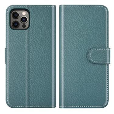 Imagem de LAHappyL Capa carteira de couro para iPhone 13 Pro Max/13 Pro/13, capa flip de couro legítimo de flor integral com função de suporte para cartão, fecho magnético, verde, 13 de 6,1 polegadas