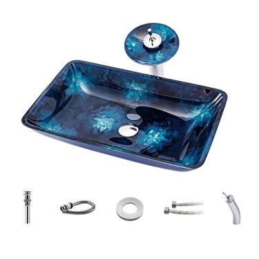 Imagem de jinyi2016SHOP Pias de embarcação, pia de bancada, estilo vintage, pintura à mão, bancada, lavatórios de mão de banheiro, vaso de vidro azul, pia de banheiro com uma tigela para xampu e pia de banheiro (cor: Bpackage)