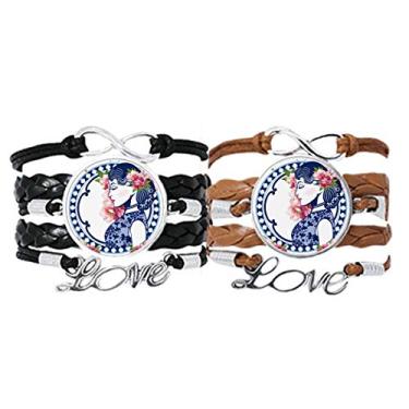 Imagem de DIYthinker Pulseira feminina de flor da cultura chinesa com alça de mão e pulseira de corda de couro, conjunto duplo para presente