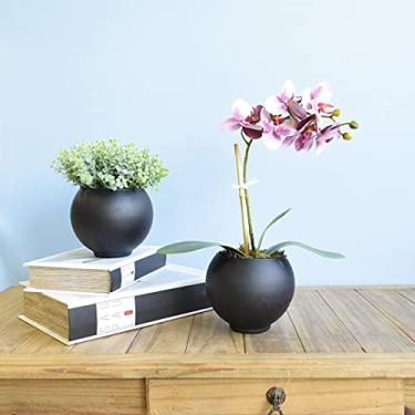 Imagem de Flor Artificial Arranjo de Orquídea Lilás 3D no Vaso de Vidro Preto Fosco | Formosinha