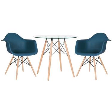 Imagem de Mesa Redonda Eames Com Tampo De Vidro 80 Cm + 2 Cadeiras Eiffel Daw Azul Petróleo