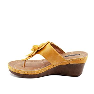 Imagem de GC Shoes Sandálias femininas anabela, sandália plataforma de salto médio com bico aberto, tanga de couro vegano confortável ou anabela, Flora amarela, 8