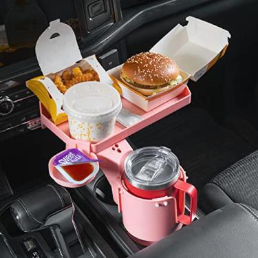 Imagem de JoyTutus Bandeja de suporte de copo para carro, expansor de suporte de copo de carro com bandeja de rotação de 360°, suporte de copo grande compatível com garrafa Yeti/Hydro Flask, mesa de bandeja de comida removível, acessórios de carro rosa