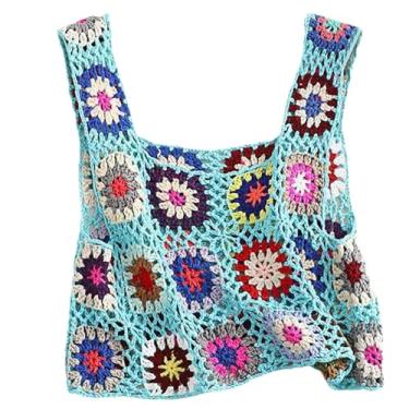 Imagem de Giltpeak Tops de crochê para mulheres, suéter feminino de crochê de verão, camiseta regata de malha bordada floral colorida, Lago azul, One Size