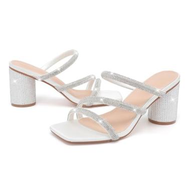 Imagem de kkdom Sandálias femininas quadradas de bico aberto com glitter, salto grosso, brilhante, strass, salto curto, salto mule, Branco, 40