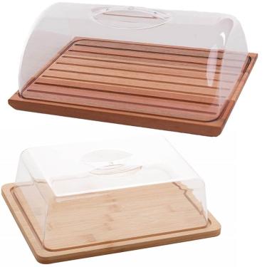 Imagem de Conjunto Tábua de Pão Migalheira e Queijeira com Tampa Retangulares Madeira Eucalipto Bambu