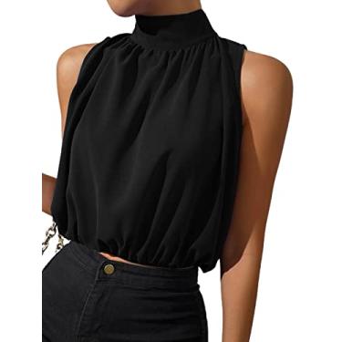 Imagem de SOLY HUX Blusa feminina frente única sem mangas com gola alta para o verão, blusas casuais elegantes, Preto liso, 4G