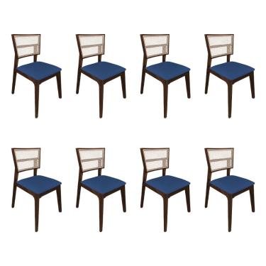 Imagem de Kit 8 Cadeiras De Jantar Manuela Em Tela Assento Veludo Azul Base Em Madeira Maciça - Natural