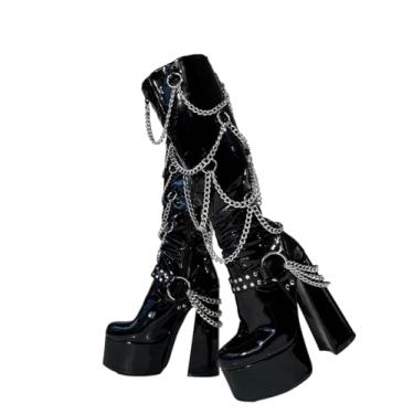 Imagem de Frankie Hsu Botas góticas sensuais de salto alto com plataforma grossa, rebites de corrente de prata envernizada, preta, fivela gótica, punk Y2K Hot Girl, tamanho grande, grande, sapatos de