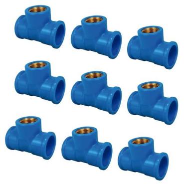 Imagem de Kit 10 Pçs Te Azul Redução Base Latão 25x25mm X 1/2 - FORTLEV